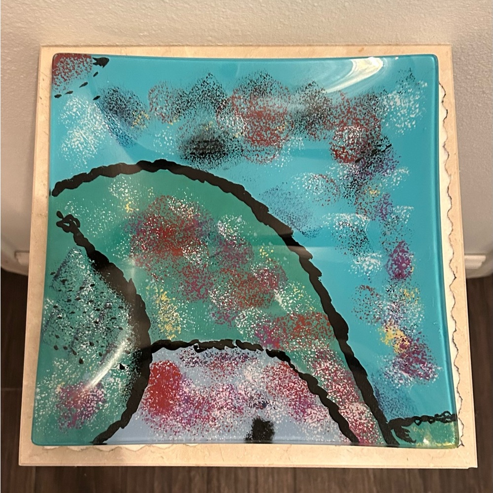 10” Square hand painted glass art piece plate.